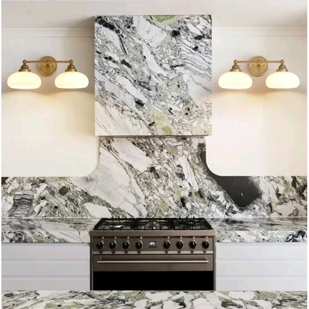 2-Lights Milk White Glass Wall Sconce Lighting Brass Finished, Double Arm Bat...